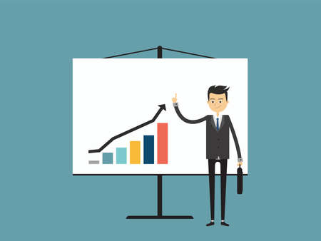 Info graphics business, Businesswomen are pointing at a growing graph.Flat design people characters, vector illustration.のイラスト素材