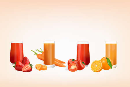 Fresh juice from fruits and vegetables, Strawberry, Orange, Tomato and Carrot in a glass isolated on yellow background, vector illustration.のイラスト素材