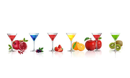 Fresh juice from Strawberry, Orange, Kiwi, Blue berry, Apple and Pomegranate in glass isolated on white background, vector illustration.のイラスト素材