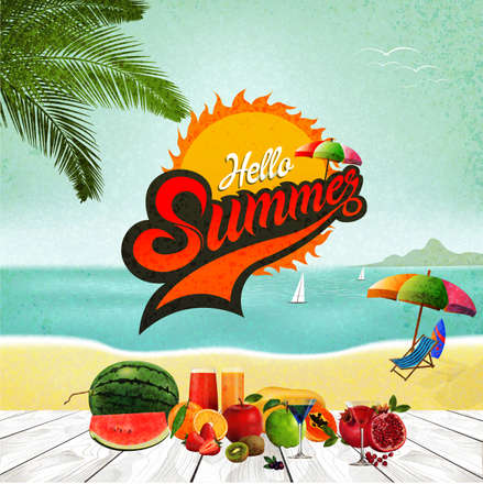 Hello Summer logo, Summer time, enjoy your holiday, vector illustration.のイラスト素材