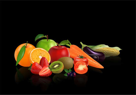 Group Vegetables and fruits isolated on black background, vector illustration.のイラスト素材