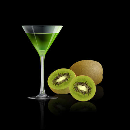 Kiwi juice and fresh kiwi isolated on black background, vector illustration.のイラスト素材