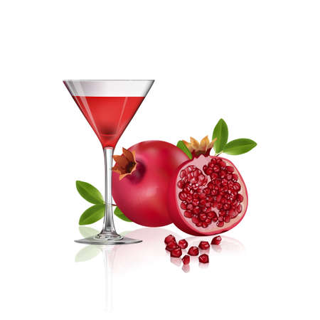 A glass of pomegranate juice with fresh pomegranate fruits isolated on white background. Vitamins and minerals. Healthy drink concept, vector illustration.のイラスト素材