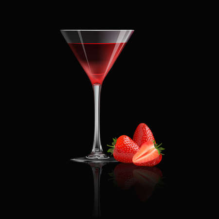 Strawberry juice and fresh strawberry isolated on black background, vector illustration.のイラスト素材