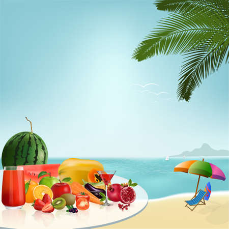 Fruits and Vegetables and Fresh juice put on the glass table near the Beach by the sea for Summer season, vector illustration.のイラスト素材