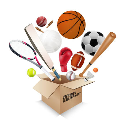 Sports equipment collection out of box with a football, basketball, baseball, soccer, tennis, ball volleyball, boxing gloves, cricket and badminton isolated on white background. vector illustration.