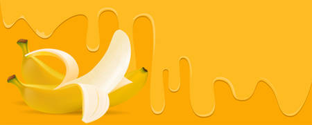 Banana fruit on Yellow background, flowing juicy water and copy space for text. vector illustration.のイラスト素材
