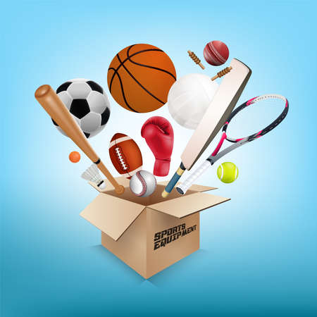 Sports equipment collection out of box with a football, basketball, baseball, soccer, tennis, ball volleyball, boxing gloves, cricket ball and badminton on light blue background. vector illustration.のイラスト素材