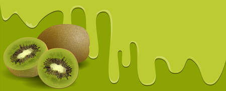 Kiwi fruit on Green background, flowing juicy water and copy space for text. vector illustration.のイラスト素材