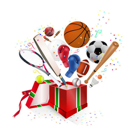 Sports equipment collection out of box with a football, basketball, baseball, soccer, tennis, ball volleyball, boxing gloves, cricket and badminton isolated on white background. vector illustration.のイラスト素材