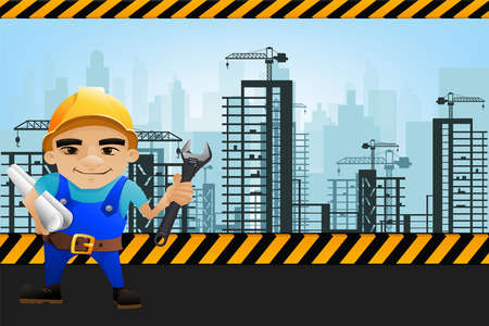Young engineering man and safety helmet hold wrench and work plan.のイラスト素材