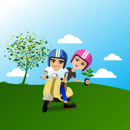 Young people riding a motorcycle to planting a tree concept isolated on white background.のイラスト素材