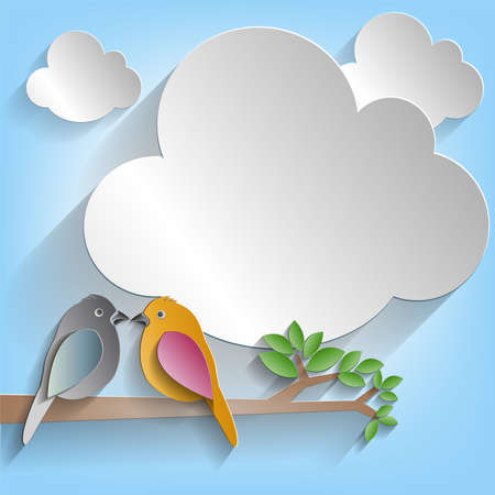 Two birds perched on a branch of a tree paper cut style on cloud background, vector illustration.のイラスト素材