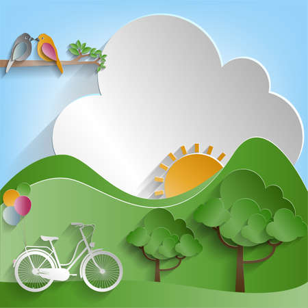 Two birds perched on a branch of a tree and Bicycle, balloon, sun and meadow on cloud background, paper cut style. vector illustration.のイラスト素材