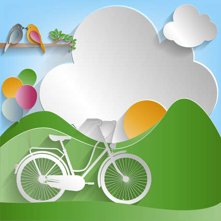 Two birds perched on a branch of a tree and Bicycle, balloon, sun and meadow on cloud background, paper cut style. vector illustration.のイラスト素材