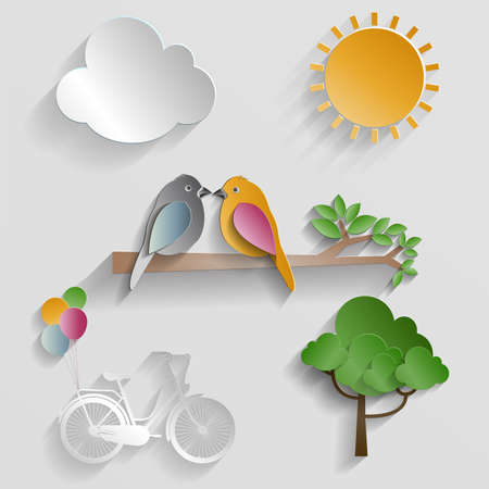 Bird, cloud, sun and bike, paper cut style illustration.のイラスト素材