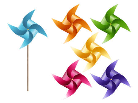 Paper windmill colorful six of set isolated on white background, vector illustration.のイラスト素材