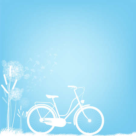 Bicycle, grass flower is blown in the sky of winter and autumn season vector illustration.のイラスト素材
