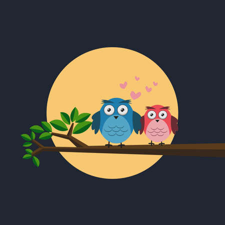cute owls in love isolated on dark background.のイラスト素材