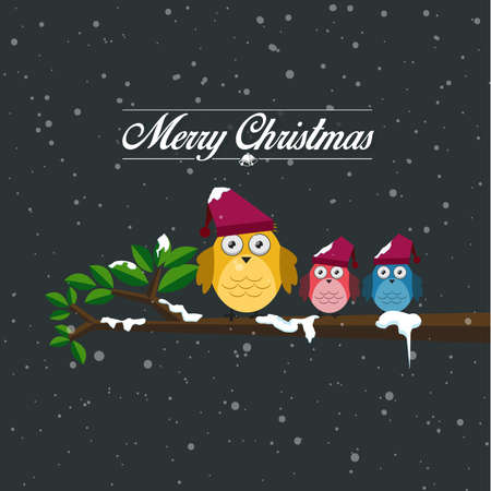 Merry christmas and happy new year card and the family birds perched on a branch, vector illustration.のイラスト素材