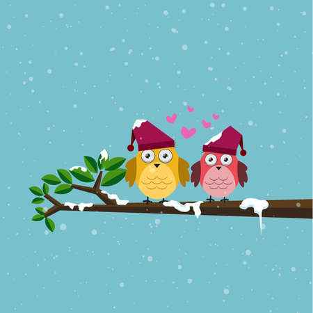 cute owls in love isolated on blue background.のイラスト素材