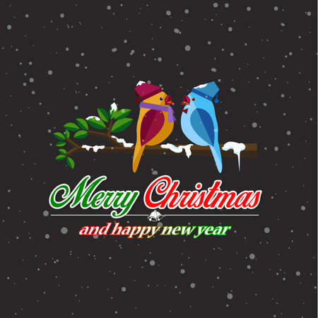 Holiday card with two colorful birds on a branch with snow.のイラスト素材