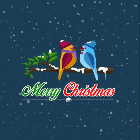 Holiday card with two colorful birds on a branch with snow.のイラスト素材