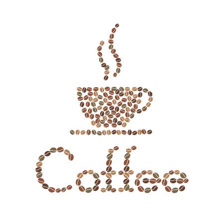 Vector coffee beans placed in the shape of word Coffee on a white surface.のイラスト素材