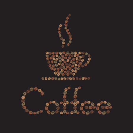 Vector coffee beans placed in the shape of a cup, saucer and word Coffee on a black surface.のイラスト素材