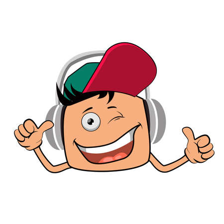 Happy fun smiling excited boy banner holding thumb up with high energy.のイラスト素材