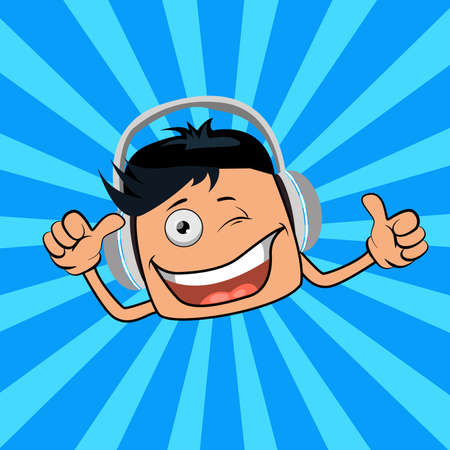 Happy fun smiling excited boy banner holding thumb up with high energy.のイラスト素材