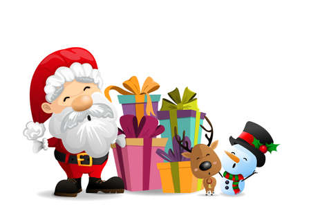 Merry Xmas, Santa, reindeer and snowman they are happy on gift boxes isolated on white background, cute cartoon. vector and illustration.のイラスト素材