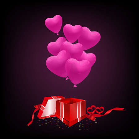 Vector red gift box with pink heart balloons on dark background.のイラスト素材