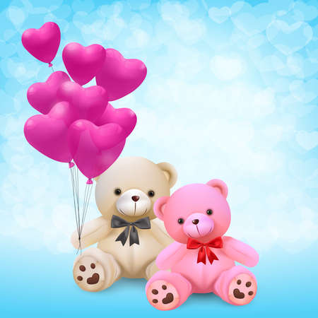 Cute teddy bear holding pink heart balloons - vector and illustration.のイラスト素材