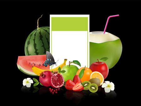 Creative healthy mix fruit. Apple, Orange, Pomegranate and kiwi with sliced fresh fruit, for a low calorie snack, isolated on black background, vector and illustration.のイラスト素材