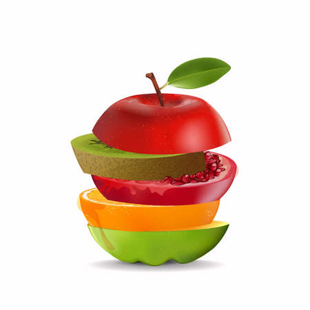 Creative healthy mix fruit. Apple, Orange, Pomegranate and kiwi with sliced fresh fruit, for a low calorie snack, isolated on white background, vector and illustration.のイラスト素材