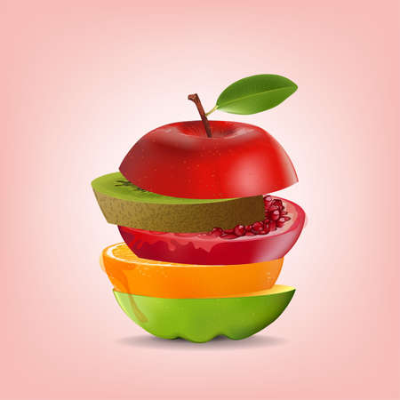 Creative healthy mix fruit. Apple, Orange, Pomegranate and kiwi with sliced fresh fruit, for a low calorie snack, isolated on pink background, vector and illustration.のイラスト素材