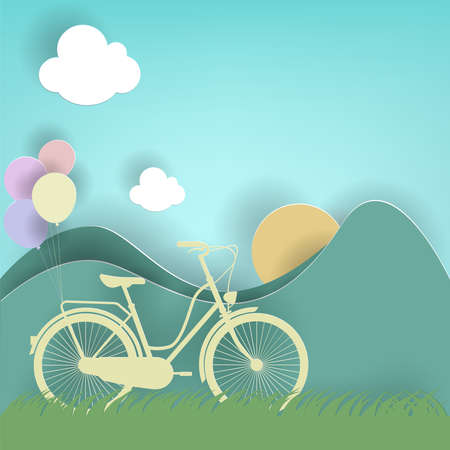 Bicycle, balloon, sun and meadow on cloud background, paper cut style. vector illustration.のイラスト素材