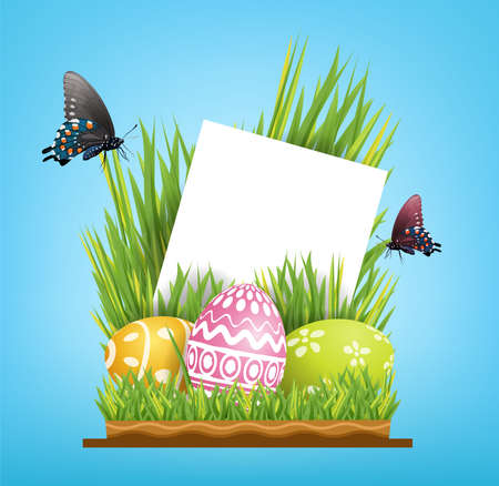 Vector element design copy space for greeting card. Easter eggs in green grass with butterflies isolated on blue sky background and illustration.のイラスト素材