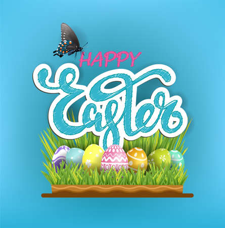 Vector element design copy space for greeting card. Easter eggs in green grass with butterflies isolated on blue sky background and illustration.のイラスト素材