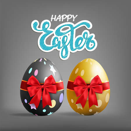 Realistic golden and black Easter egg tied of red ribbon with a big bow on gray background. vector and illustration.のイラスト素材