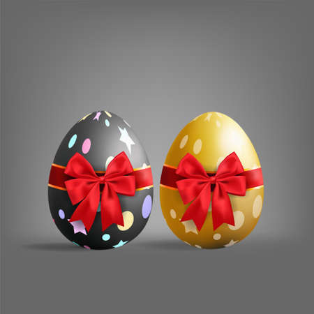 Realistic golden and black Easter egg tied of red ribbon with a big bow on gray background. vector and illustration.のイラスト素材