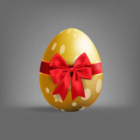 Realistic golden Easter egg tied of red ribbon with a big bow on gray background. vector and illustration.のイラスト素材