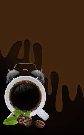 Cup of black coffee and coffee bean on brown background, flowing coffee and copy space for text. vector illustration.のイラスト素材