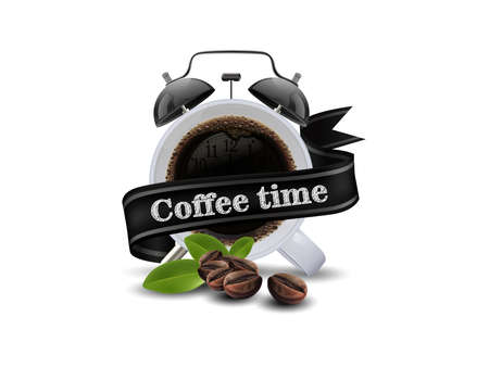 Time to coffee cup of black coffee and coffee bean isolated on white background, copy space for text. vector illustration.のイラスト素材