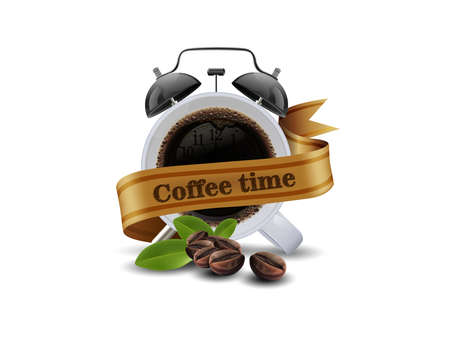 Time to coffee cup of black coffee and coffee bean isolated on white background, copy space for text. vector illustration.のイラスト素材