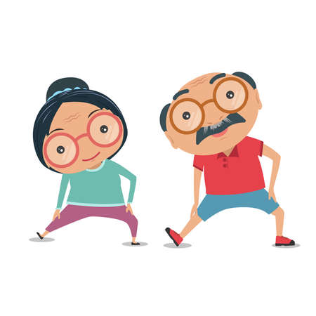 Grandparent, Old senior man and woman the condition of being physically fit and healthy. They are standing exercise for health together isolated on white background. vector and illustration.のイラスト素材