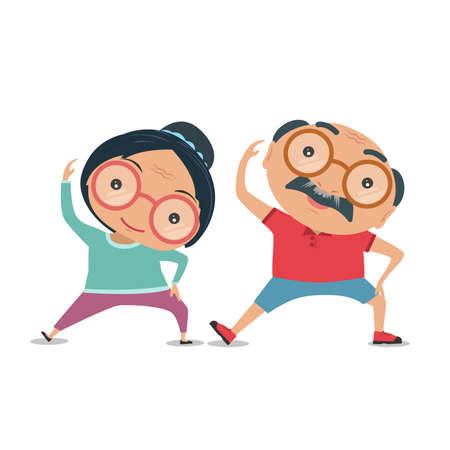 Grandparent, Old senior man and woman the condition of being physically fit and healthy. They are standing exercise for health together isolated on white background. vector and illustration.のイラスト素材