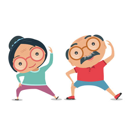 Grandparent, Old senior man and woman the condition of being physically fit and healthy. They are standing exercise for health together isolated on white background. vector and illustration.のイラスト素材