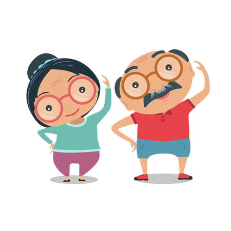 Grandparent, Old senior man and woman the condition of being physically fit and healthy. They are standing exercise for health together isolated on white background. vector and illustration.のイラスト素材